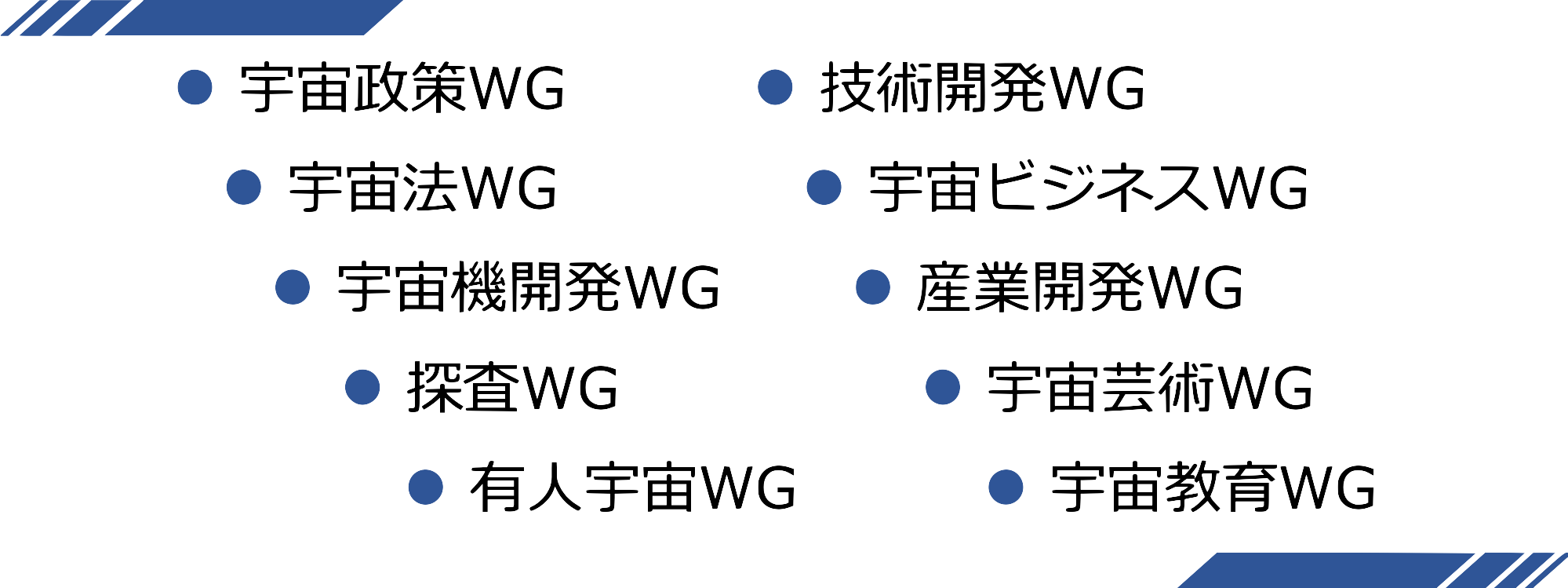 宇宙政策WG 宇宙法WG 宇宙機開発WG 探査WG 有人宇宙WG 技術開発WG 宇宙ビジネスWG 産業開拓WG 宇宙芸術WG 宇宙教育WG